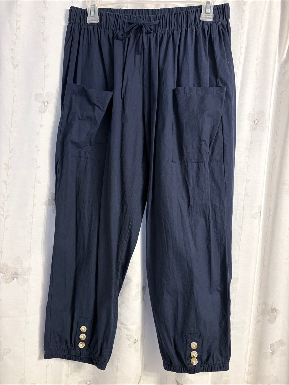 Womens Navy Drawstring Casual Pants with Button Cuffs